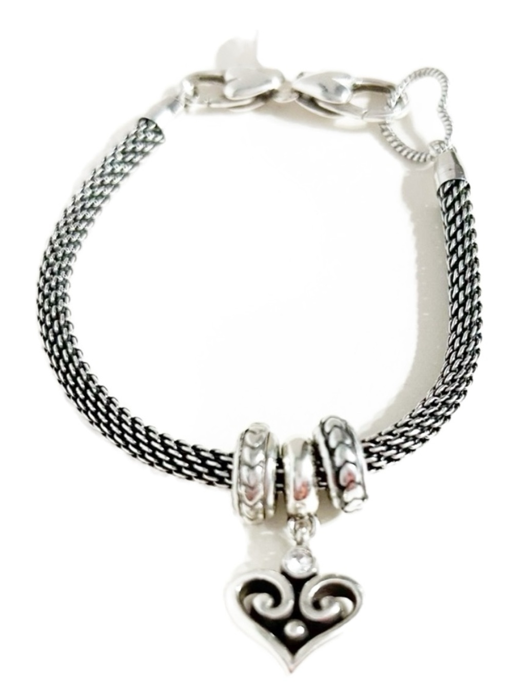 NWT Brighton Silver Plated Mesh Heart Charm Bracelet Crystal Accent Two Spacers